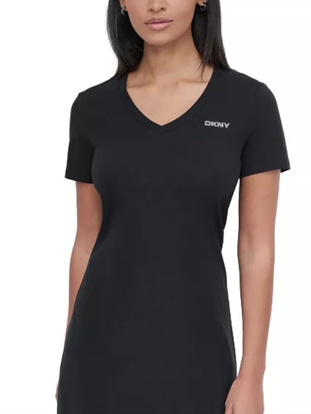 DKNY Sport Women's Studded-logo V-neck T-shirt Dress Black SZ S